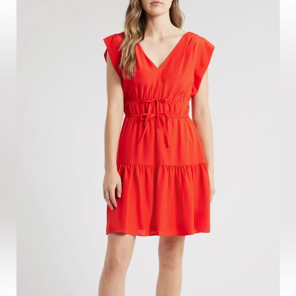 Elegant Obi Gathered Tie Waist Dress in Red NWOT - Picture 6 of 7